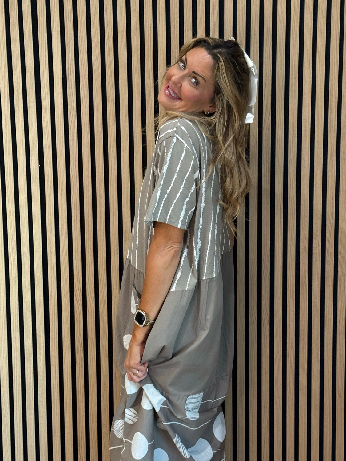 Stripe &amp; Abstract Panel Dress - Taupe