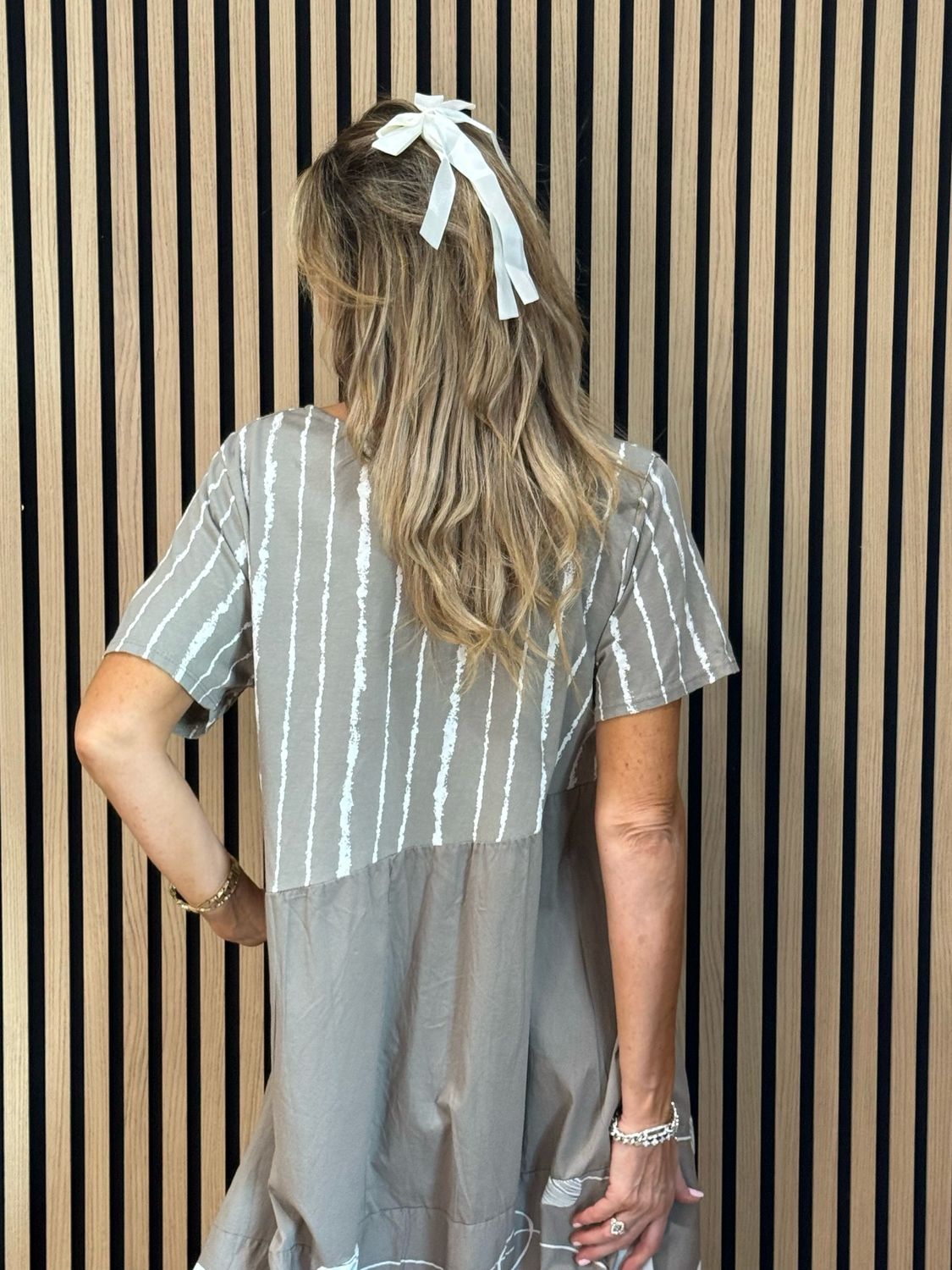 Stripe &amp; Abstract Panel Dress - Taupe