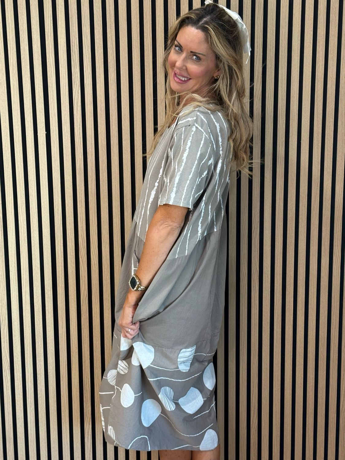 Stripe &amp; Abstract Panel Dress - Taupe