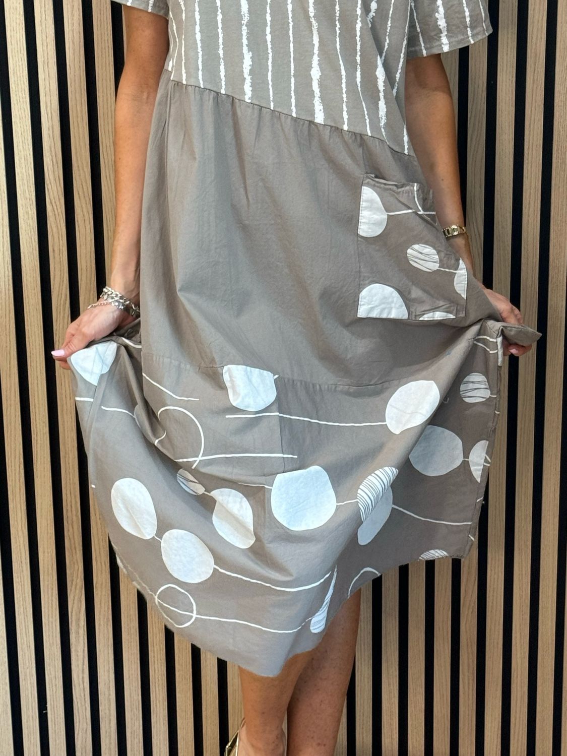 Stripe &amp; Abstract Panel Dress - Taupe