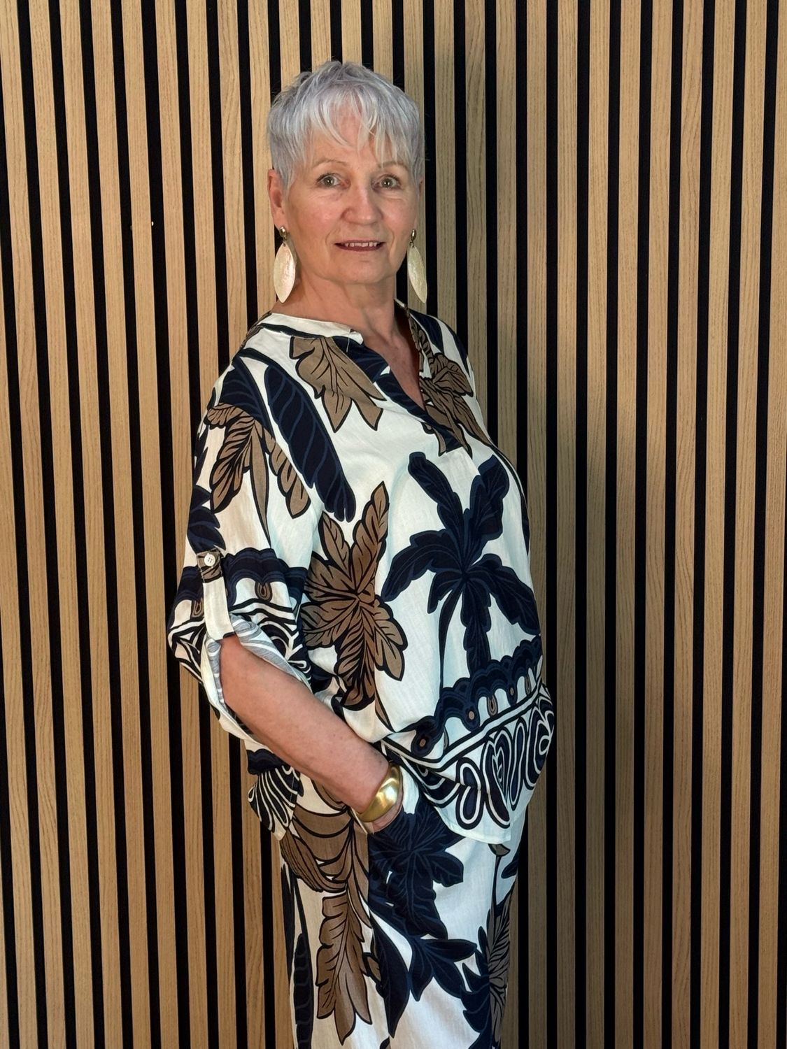 Leaf Print Trouser Suit - Navy/Cream