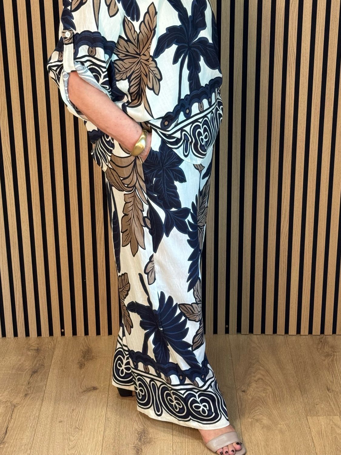 Leaf Print Trouser Suit - Navy/Cream