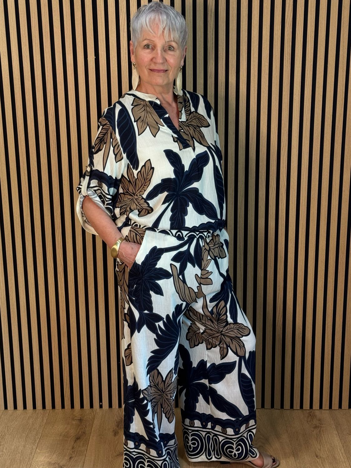 Leaf Print Trouser Suit - Navy/Cream