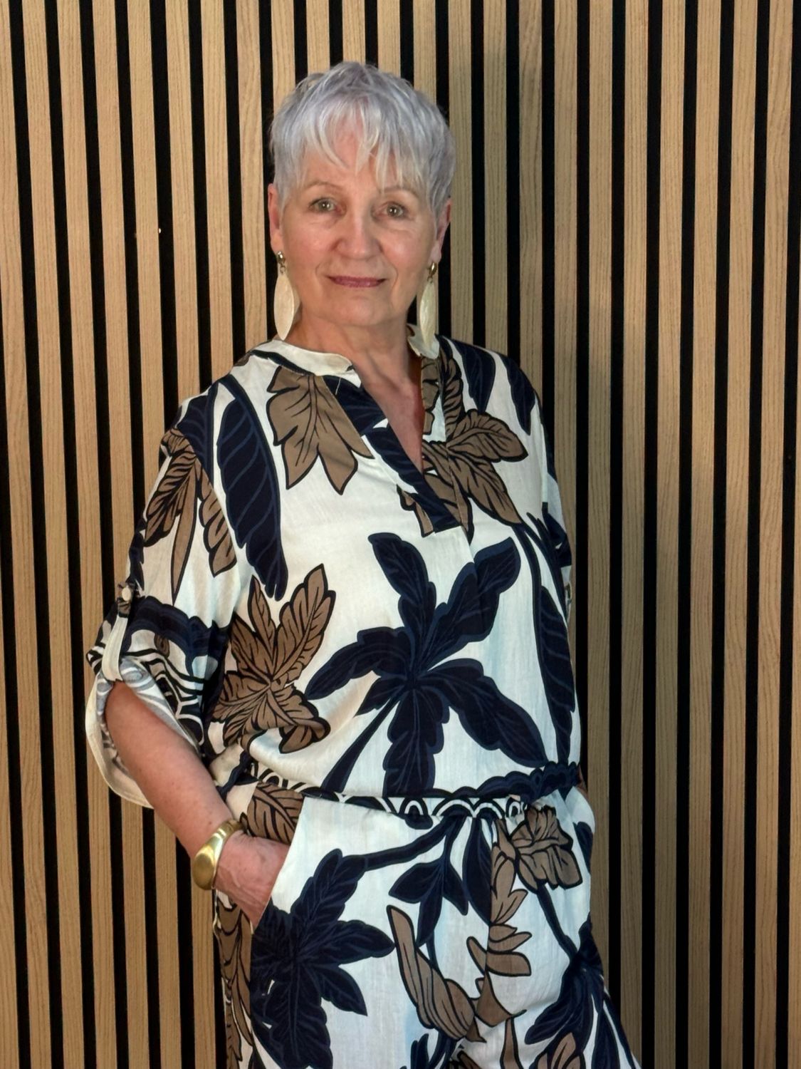 Leaf Print Trouser Suit - Navy/Cream