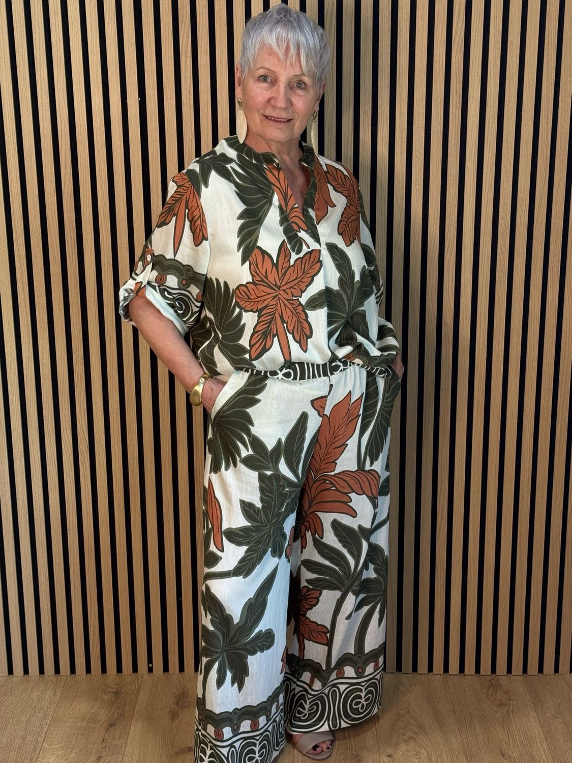 Leaf Print Trouser Suit - Khaki/Cream