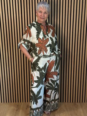 Leaf Print Trouser Suit - Khaki/Cream