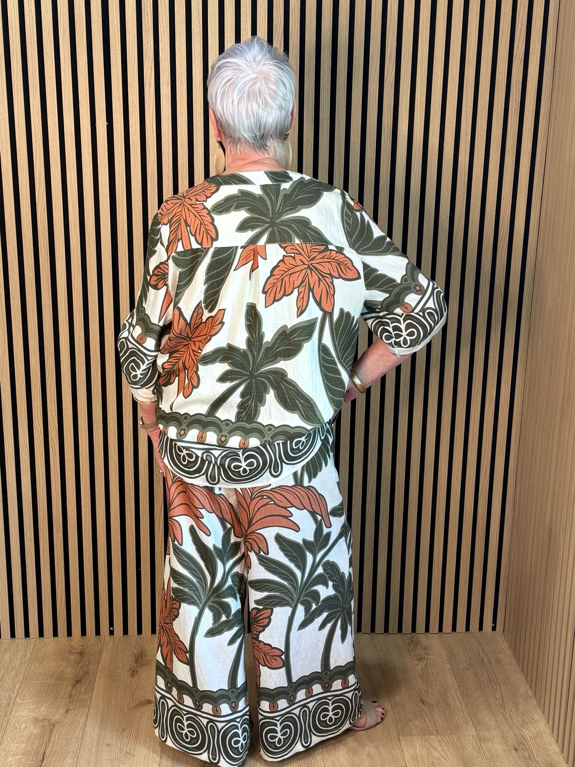 Leaf Print Trouser Suit - Khaki/Cream