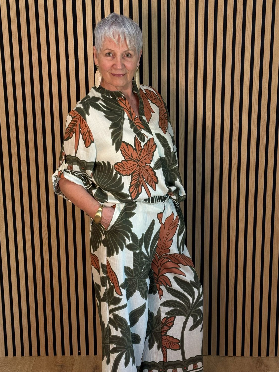 Leaf Print Trouser Suit - Khaki/Cream