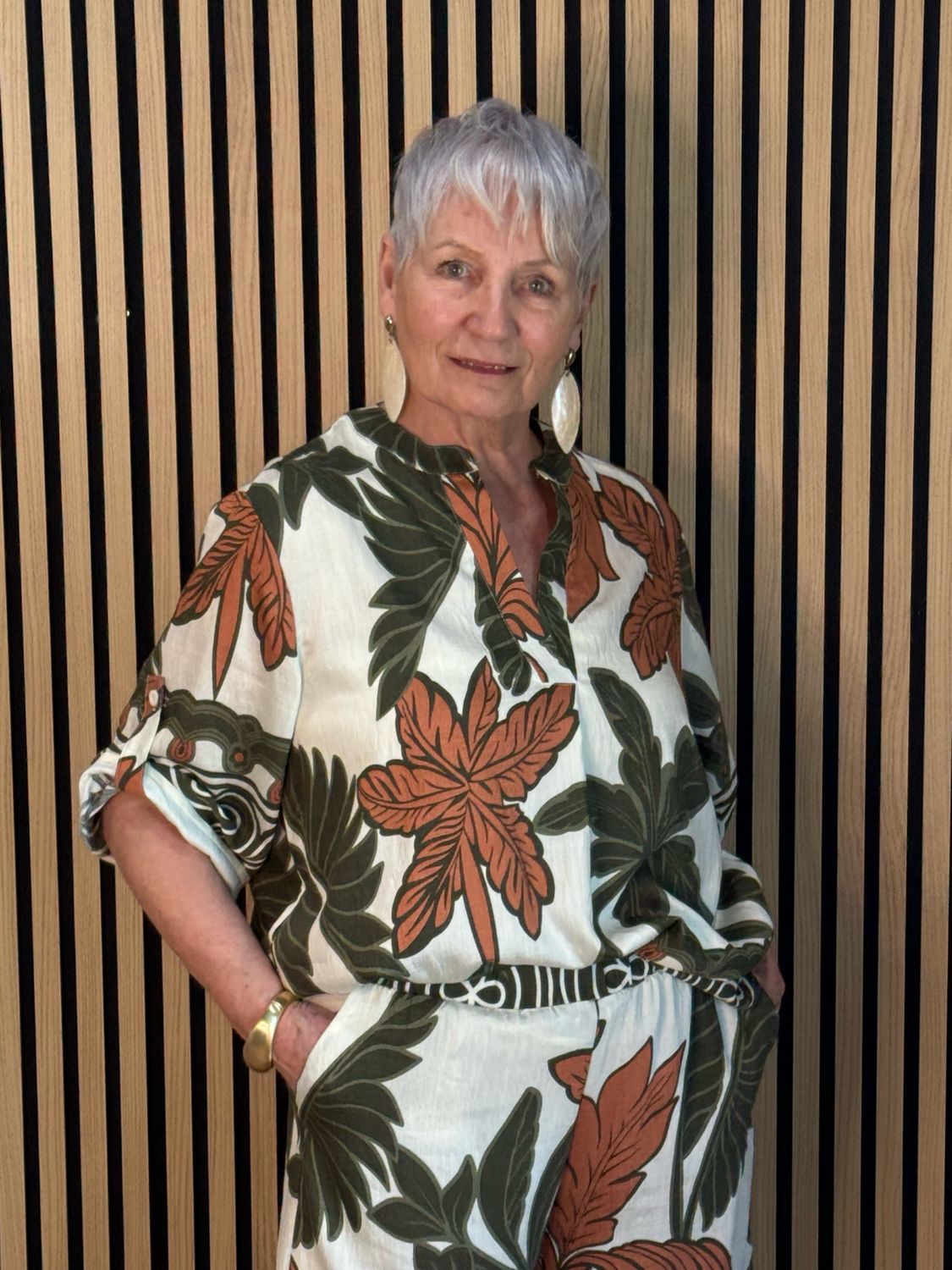 Leaf Print Trouser Suit - Khaki/Cream