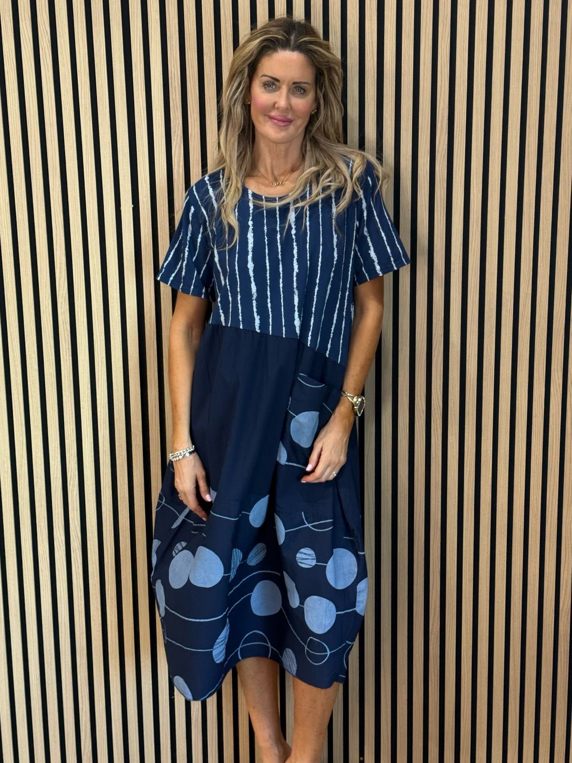Stripe &amp; Abstract Panel Dress - Navy