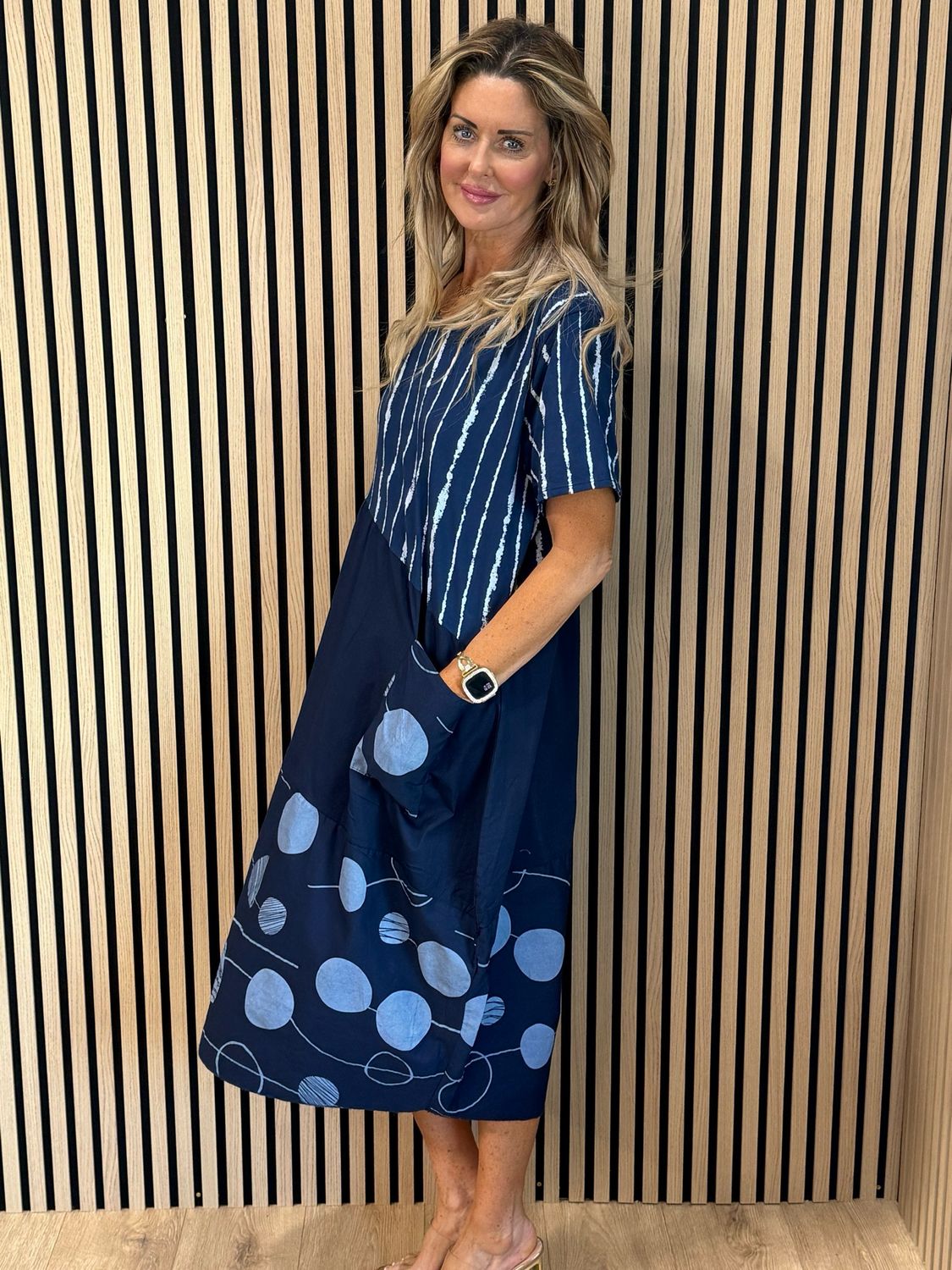 Stripe &amp; Abstract Panel Dress - Navy