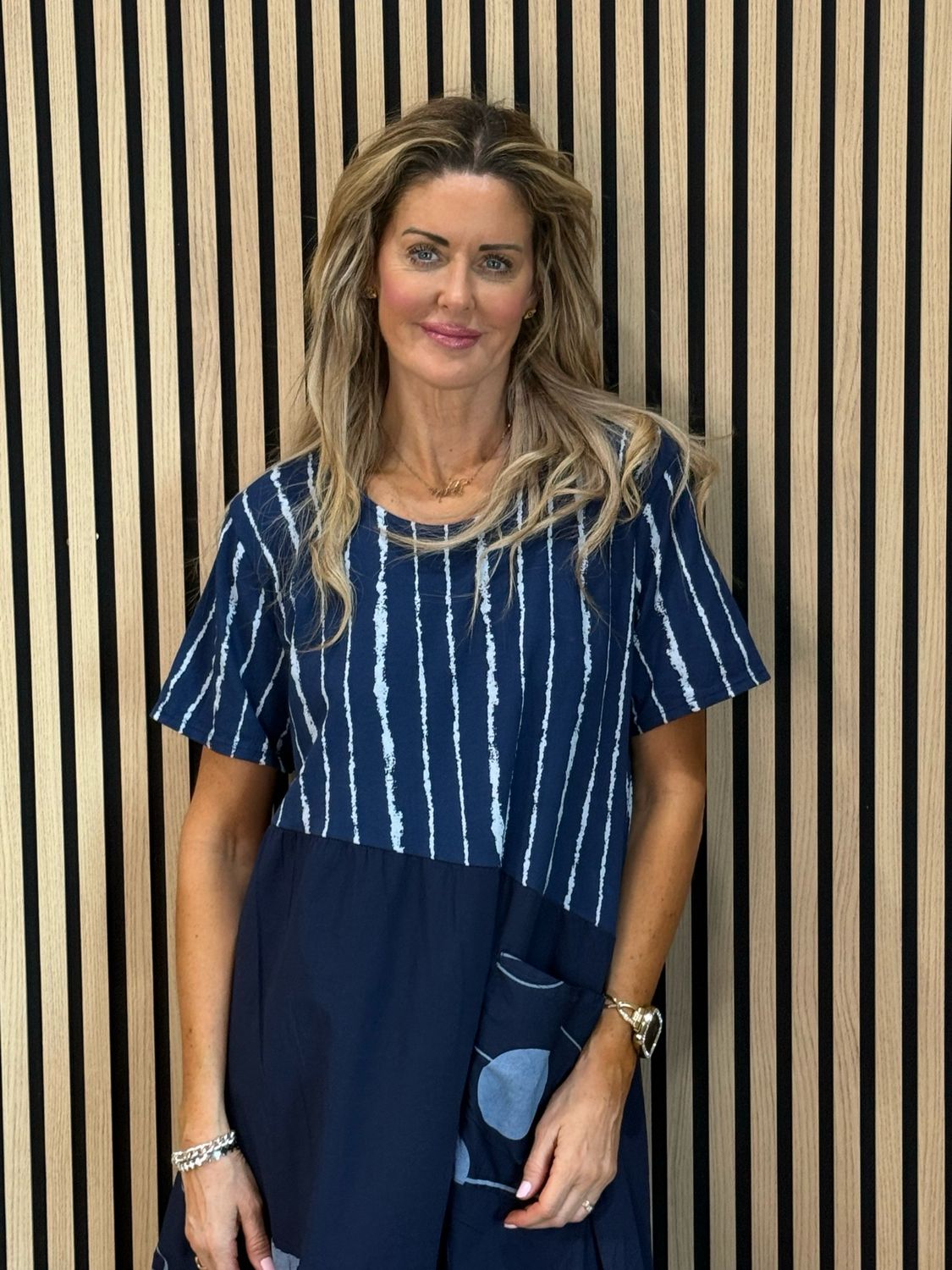 Stripe &amp; Abstract Panel Dress - Navy