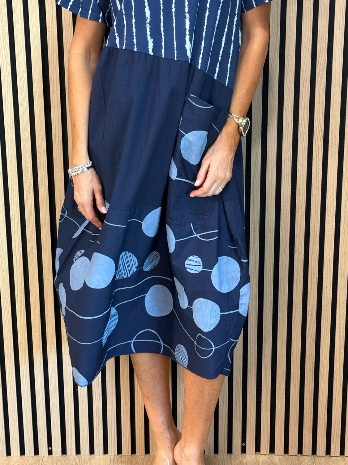 Stripe &amp; Abstract Panel Dress - Navy