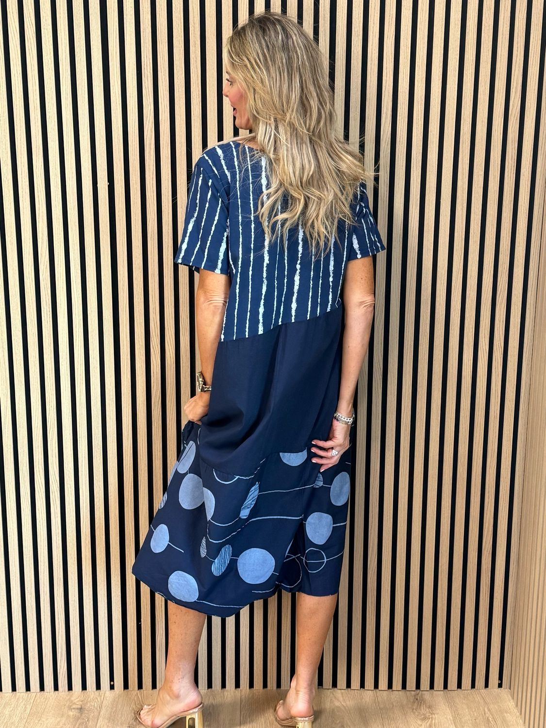 Stripe &amp; Abstract Panel Dress - Navy
