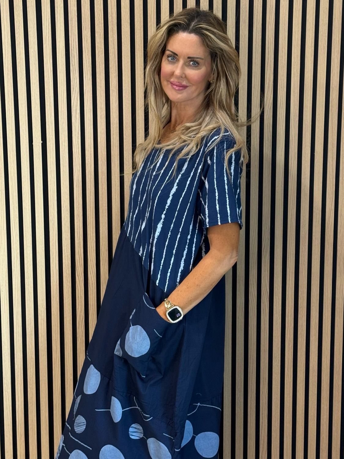 Stripe &amp; Abstract Panel Dress - Navy