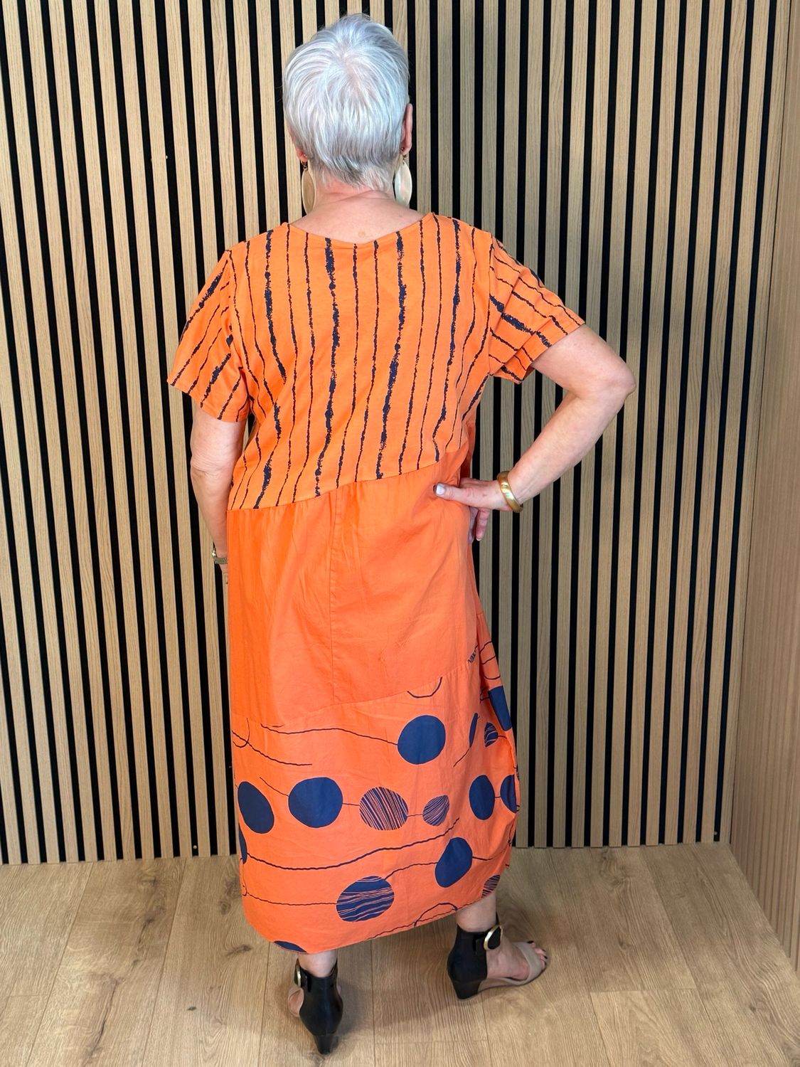 Stripe &amp; Abstract Panel Dress - Orange