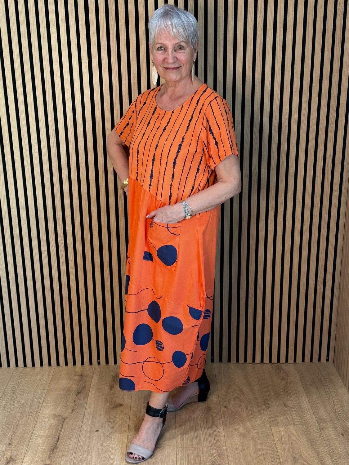 Stripe &amp; Abstract Panel Dress - Orange