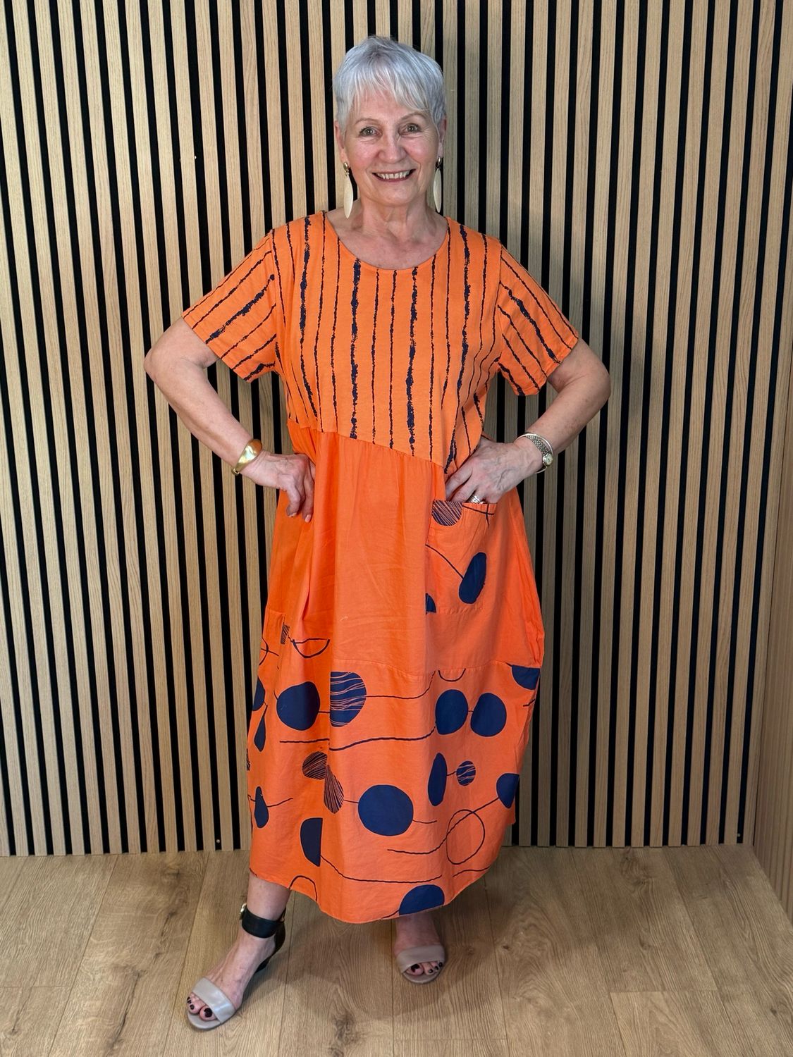 Stripe &amp; Abstract Panel Dress - Orange