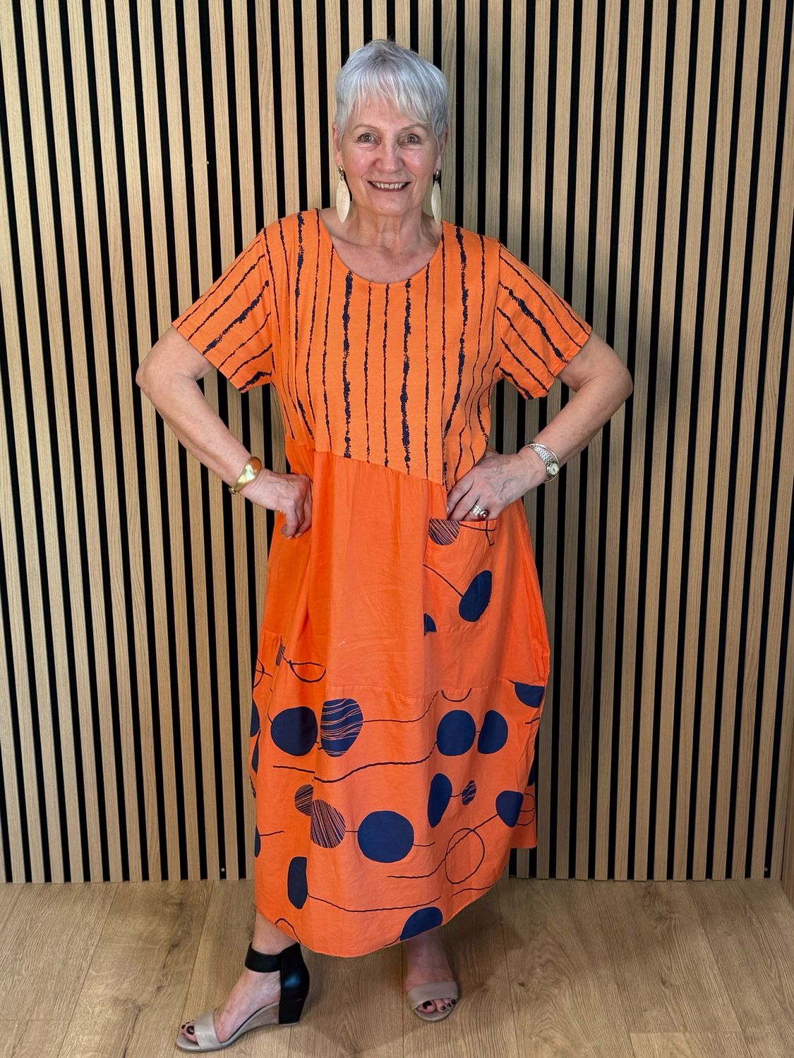 Stripe &amp; Abstract Panel Dress - Orange