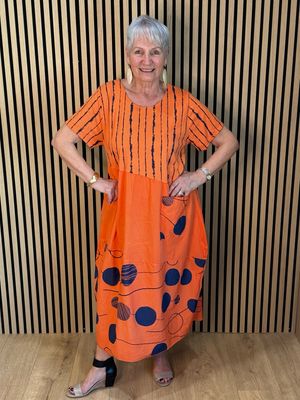 Stripe &amp; Abstract Panel Dress - Orange