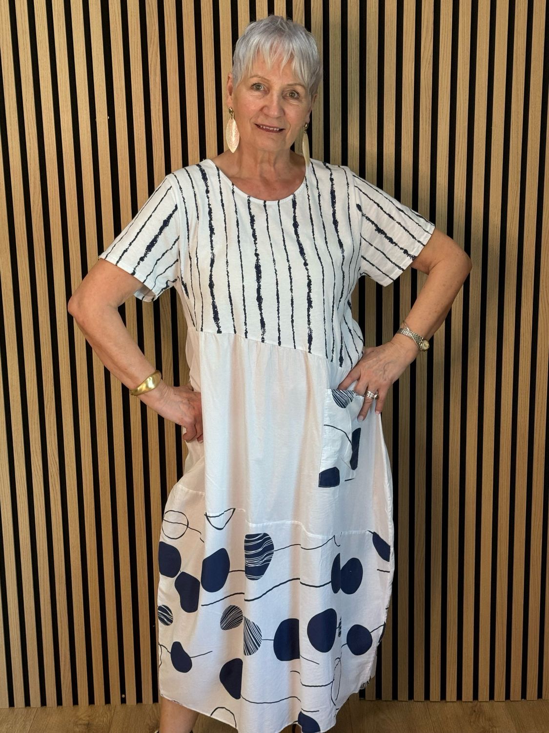 Stripe &amp; Abstract Panel Dress - White