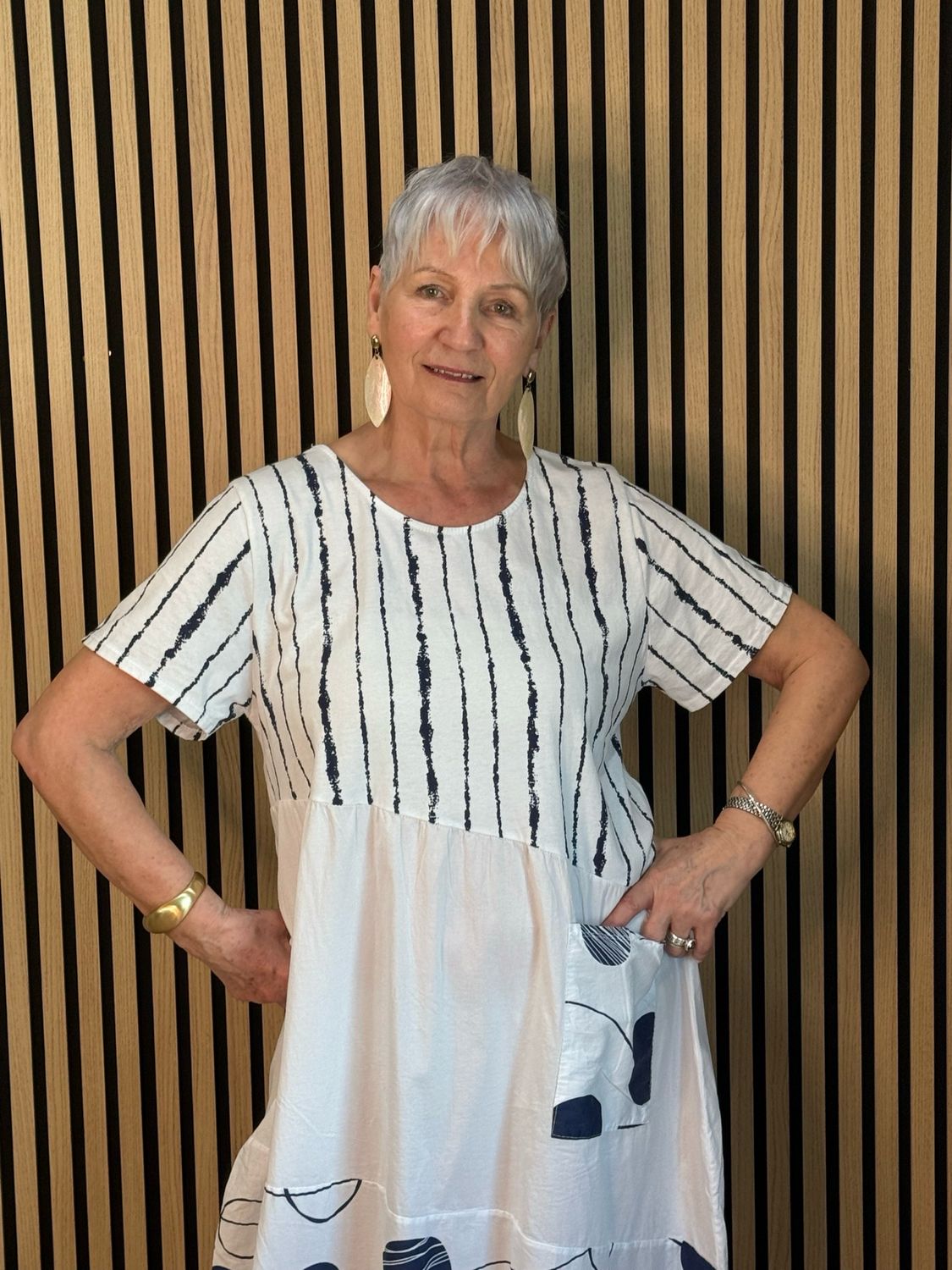 Stripe &amp; Abstract Panel Dress - White