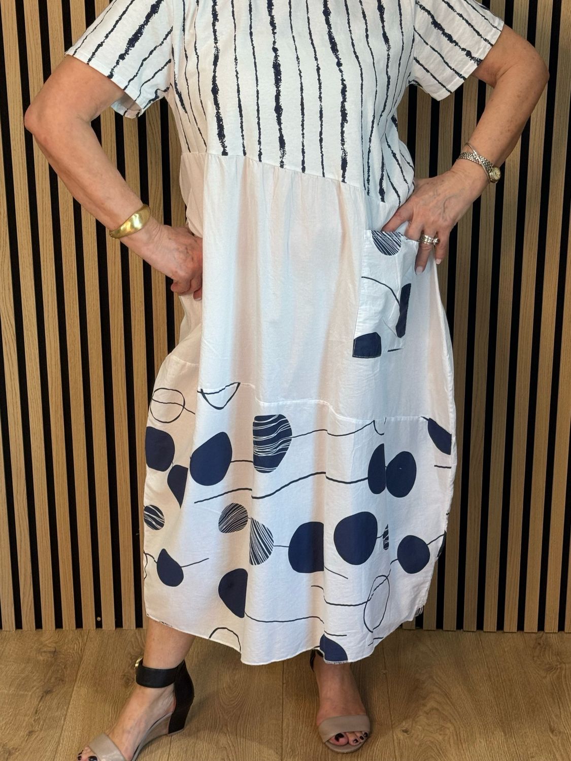 Stripe &amp; Abstract Panel Dress - White