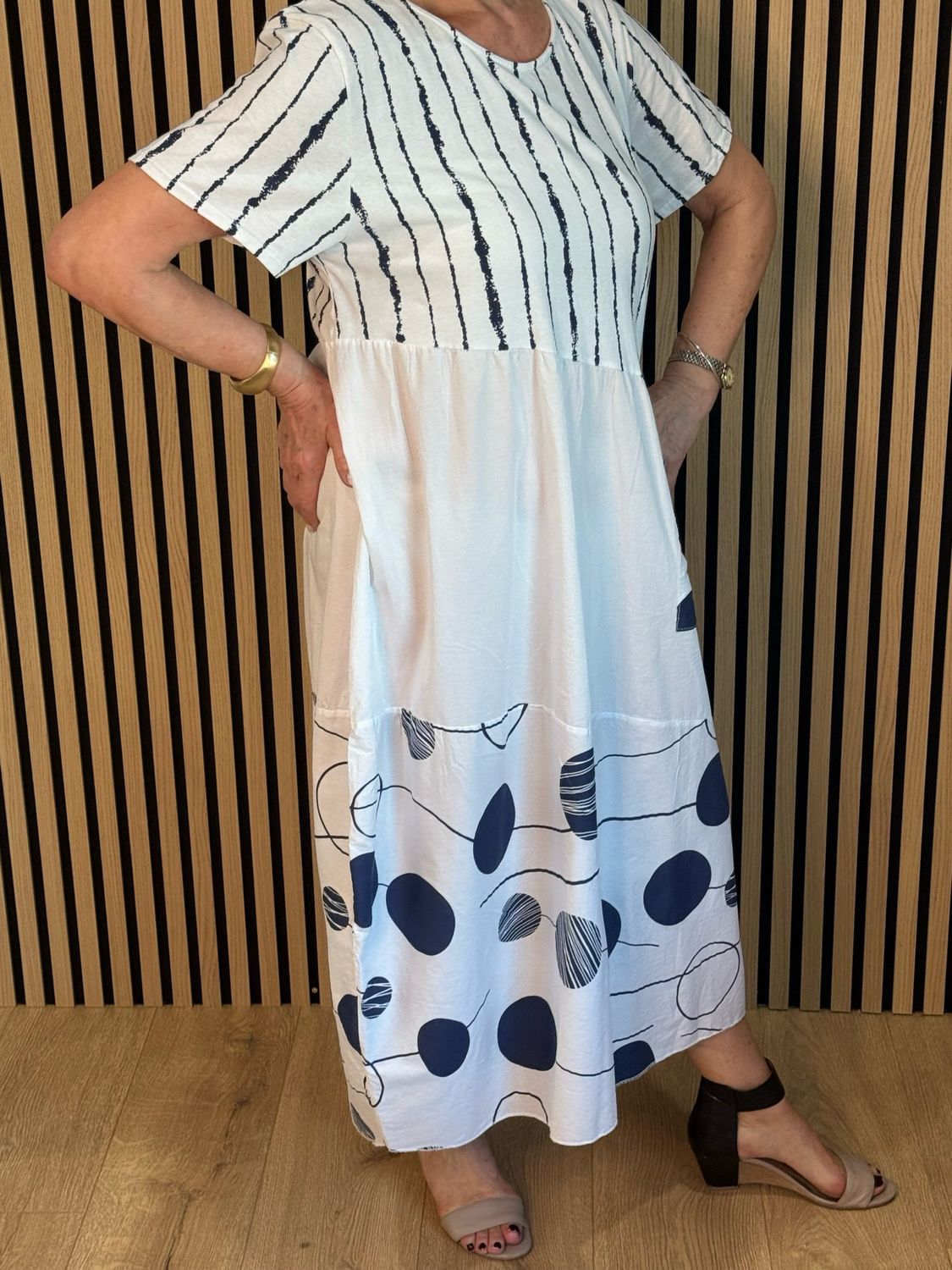 Stripe &amp; Abstract Panel Dress - White