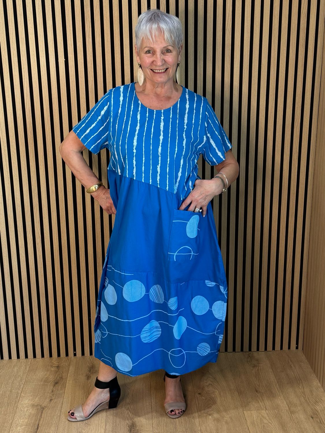 Stripe &amp; Abstract Panel Dress - Royal Blue