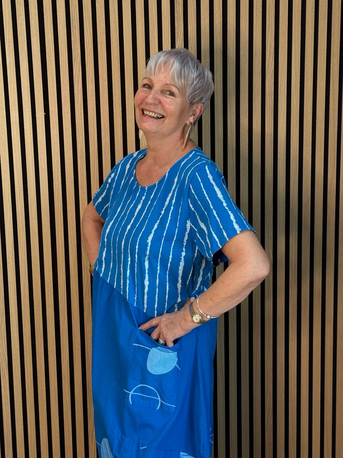 Stripe &amp; Abstract Panel Dress - Royal Blue