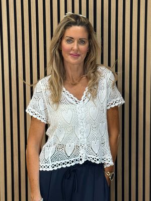 Crochet Heart Cotton Top - White