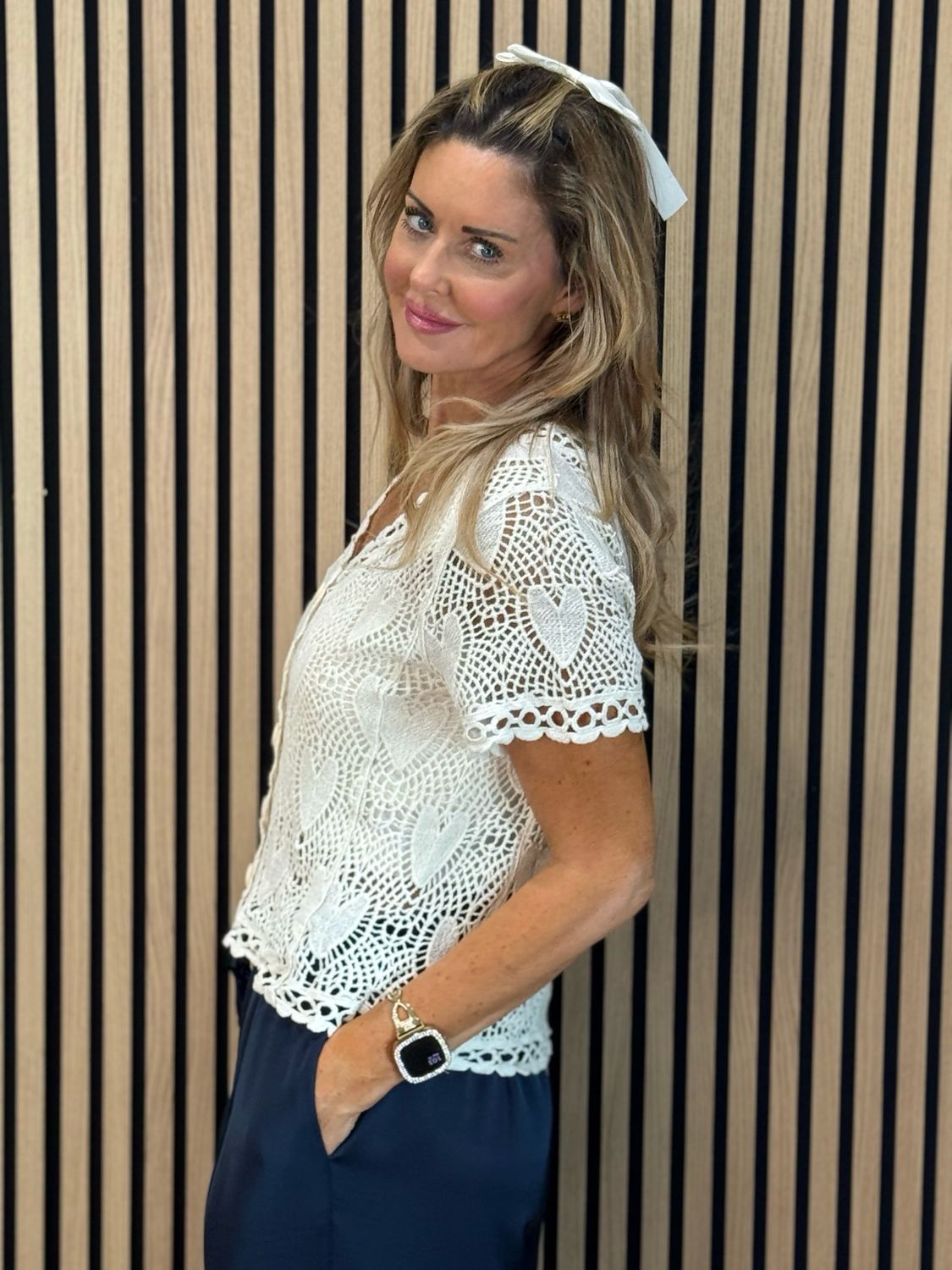 Crochet Heart Cotton Top - Cream