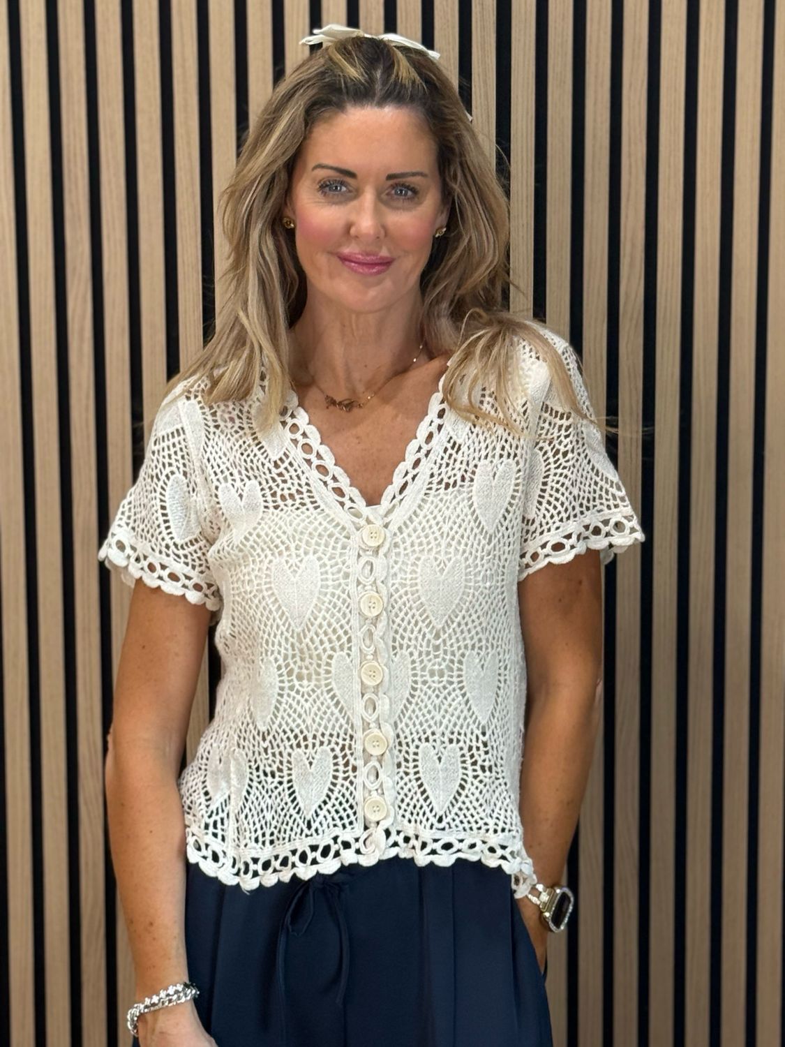 Crochet Heart Cotton Top - Cream