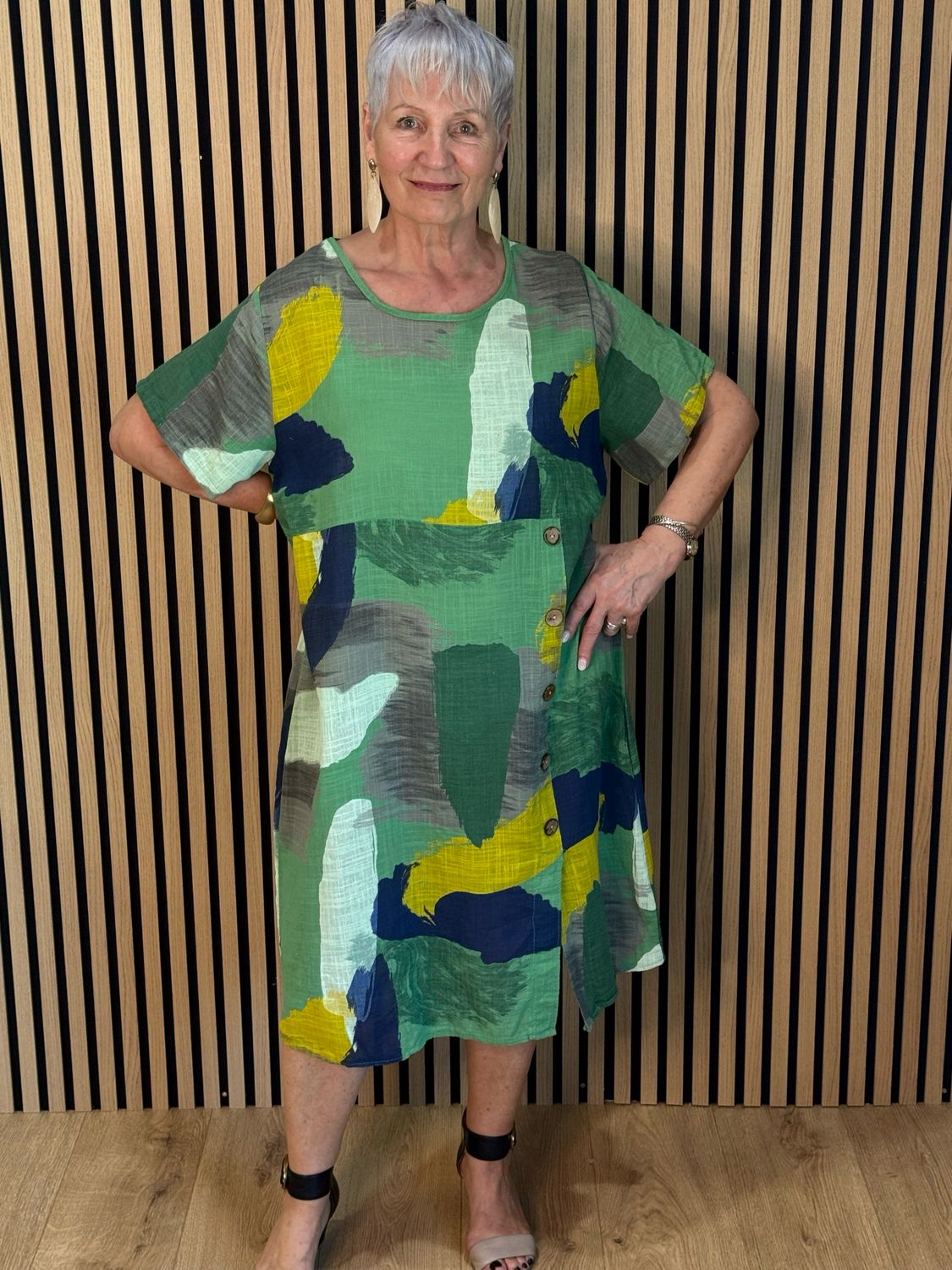 Abstract Print Cotton Dress - Green