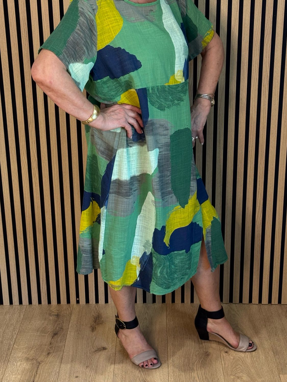 Abstract Print Cotton Dress - Green