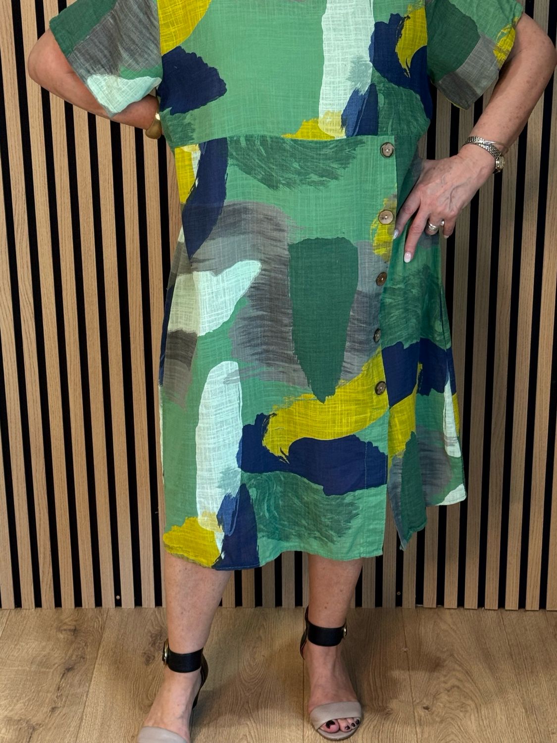 Abstract Print Cotton Dress - Green