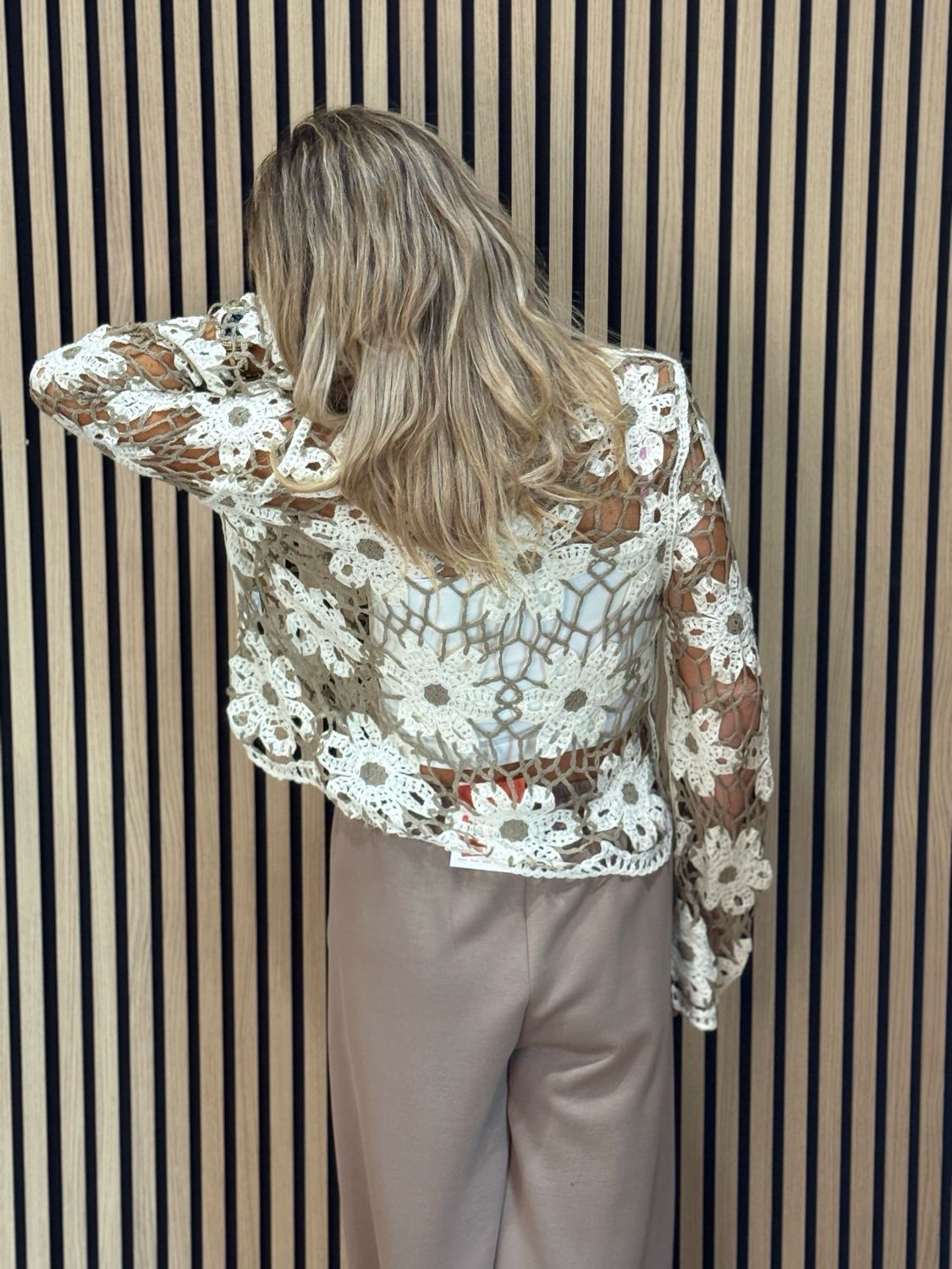 Floral Crochet Knit Top - Taupe/Cream