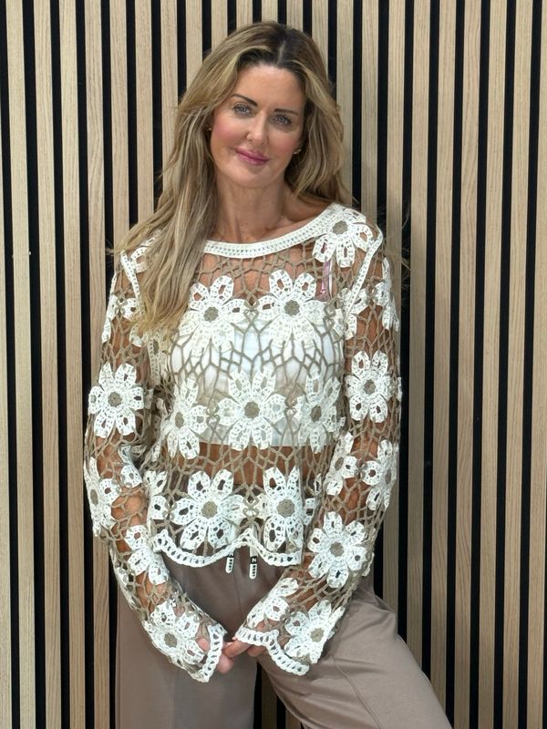 Floral Crochet Knit Top - Taupe/Cream
