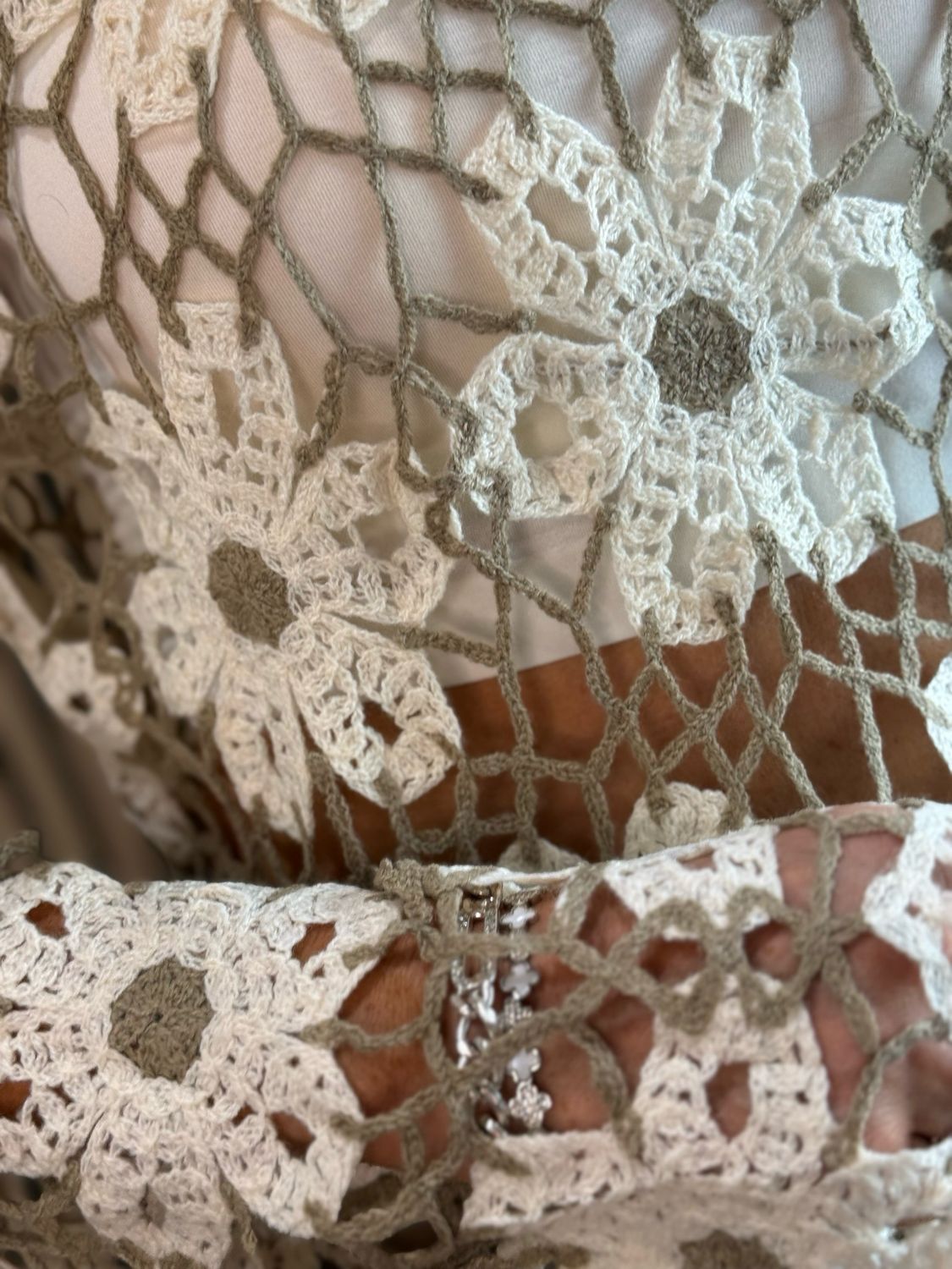 Floral Crochet Knit Top - Taupe/Cream