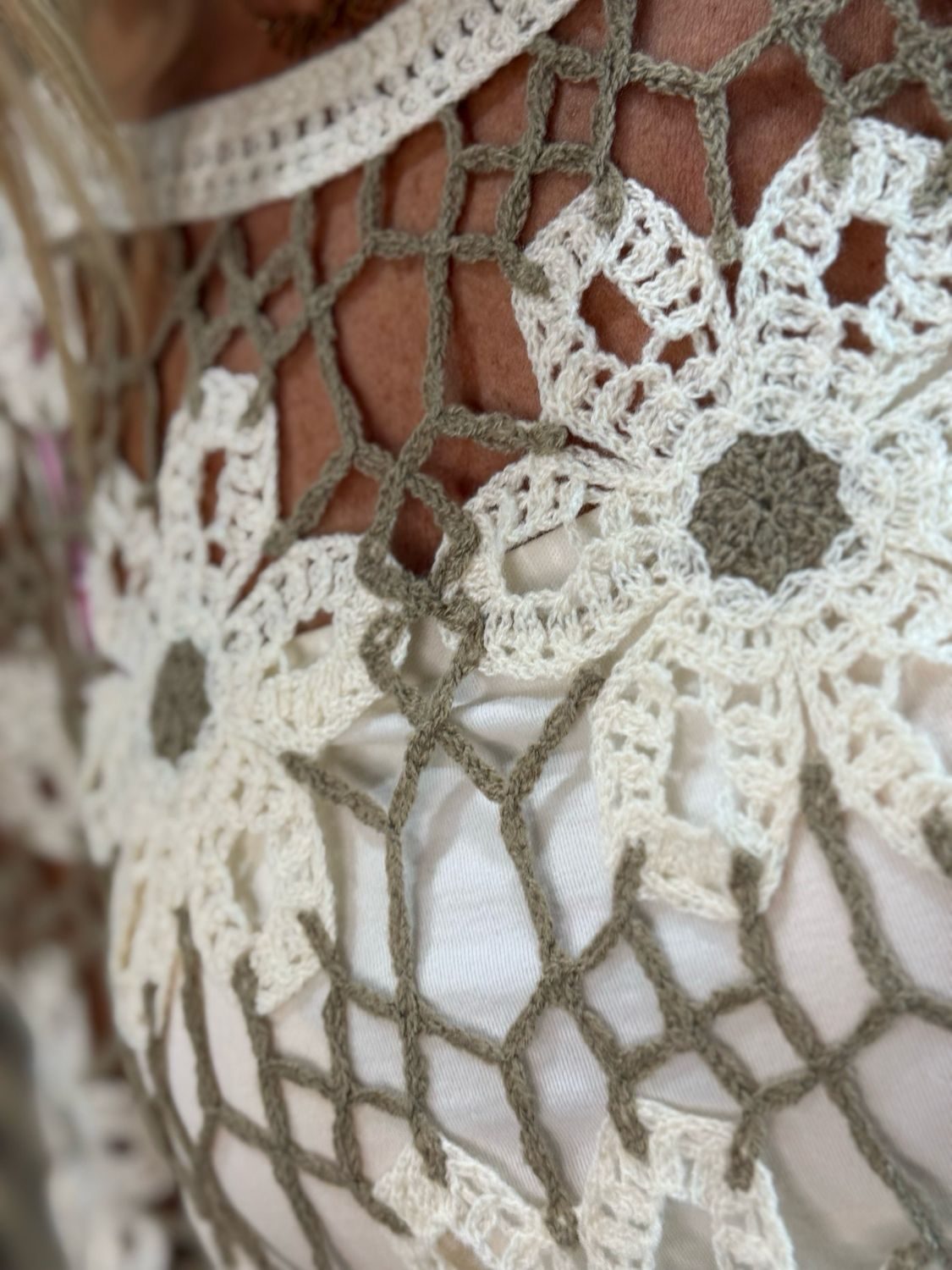 Floral Crochet Knit Top - Taupe/Cream