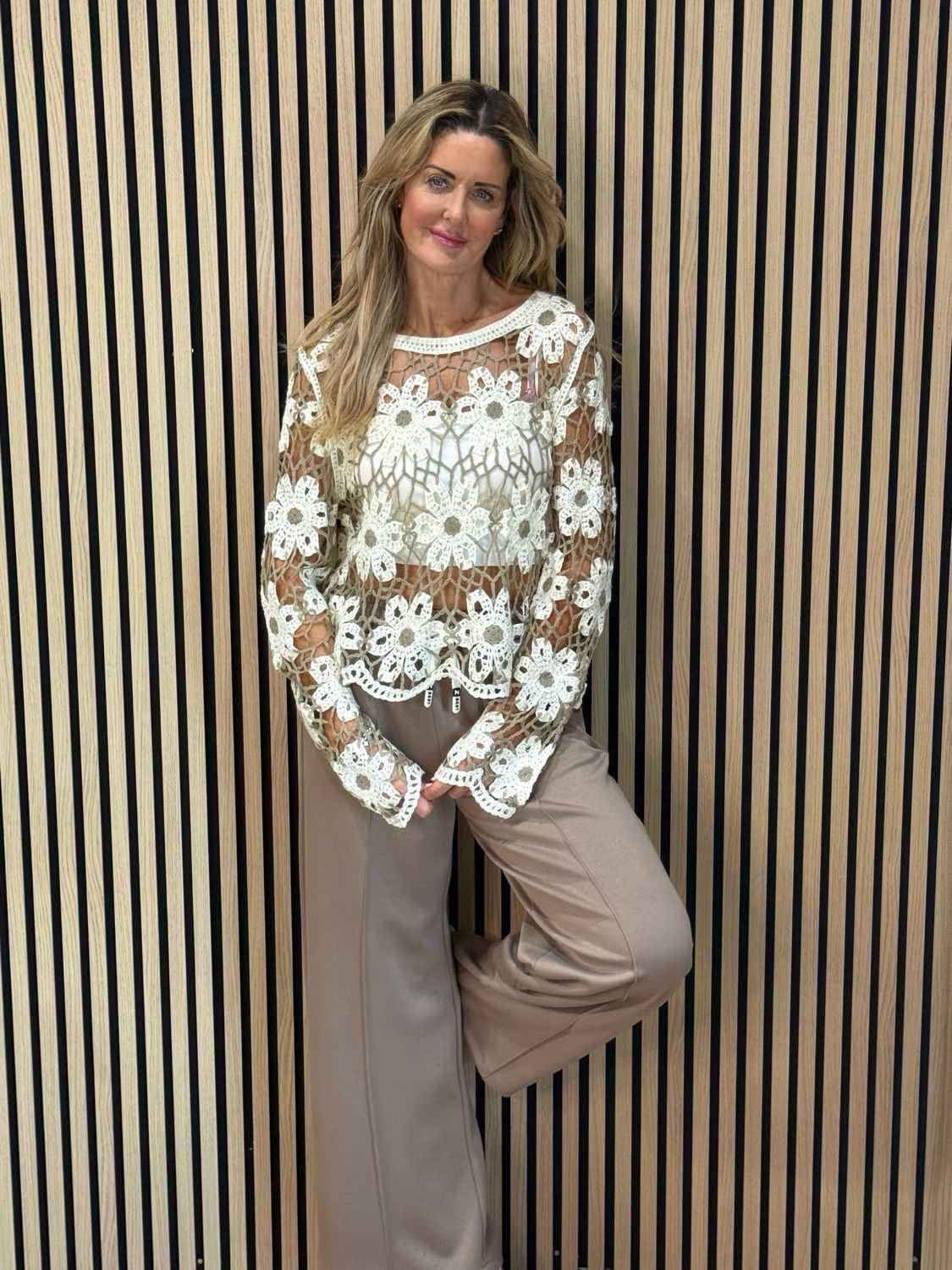 Floral Crochet Knit Top - Taupe/Cream