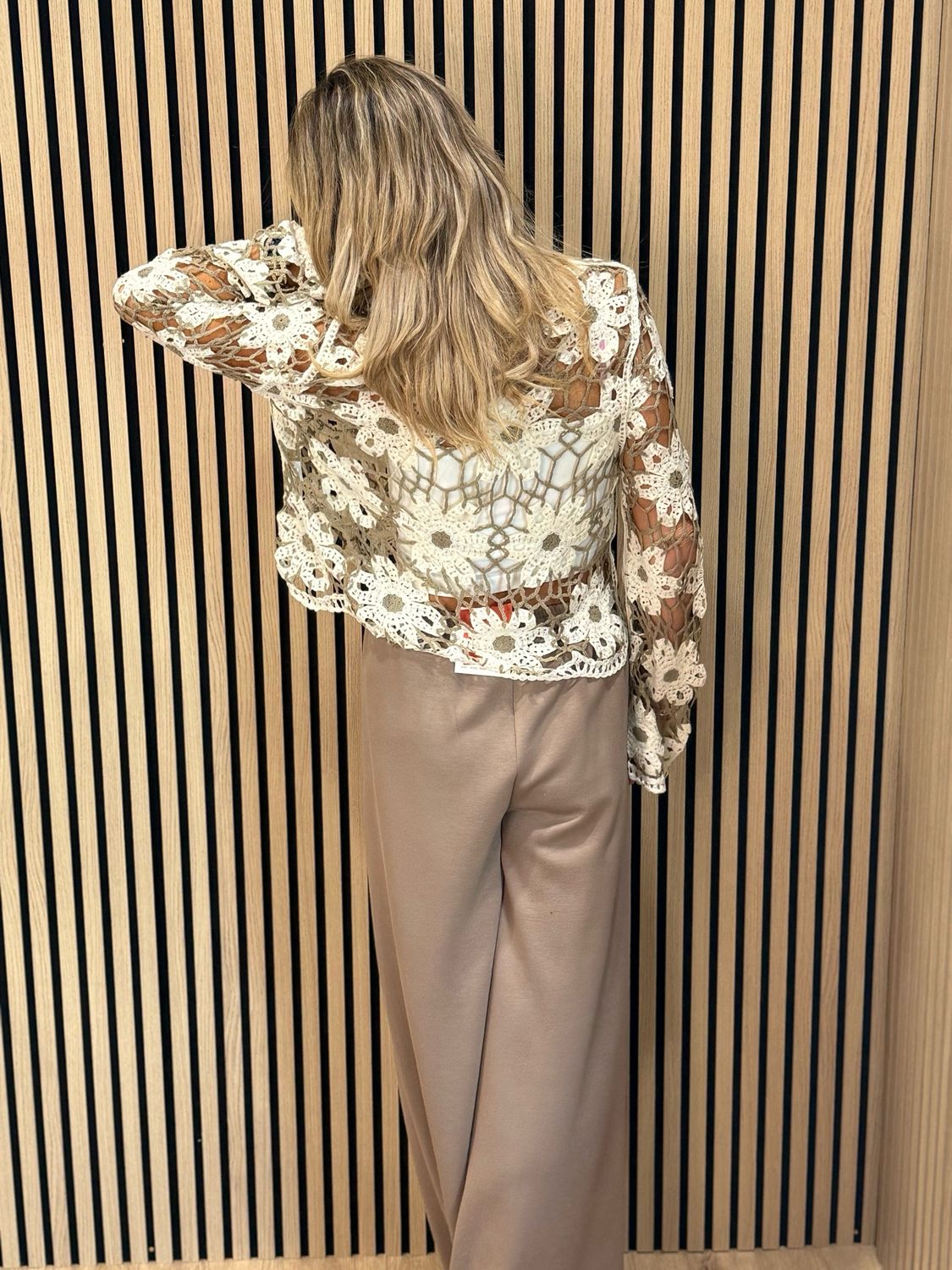 Floral Crochet Knit Top - Taupe/Cream