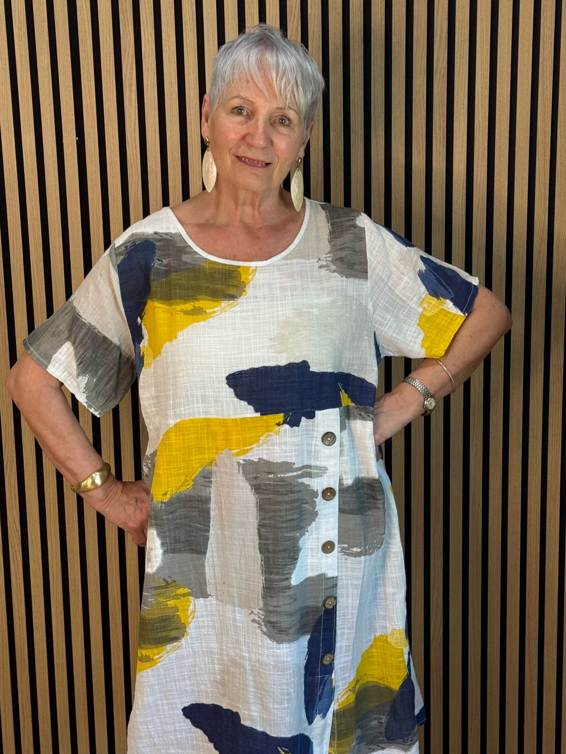 Abstract Print Cotton Dress - White