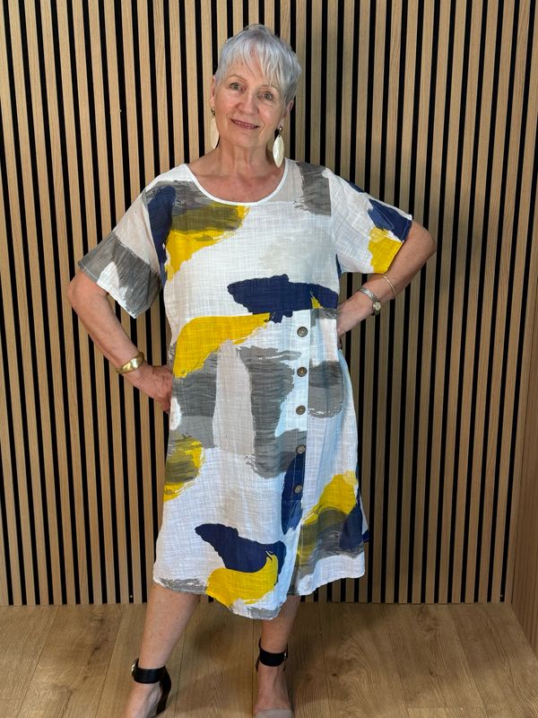 Abstract Print Cotton Dress - White