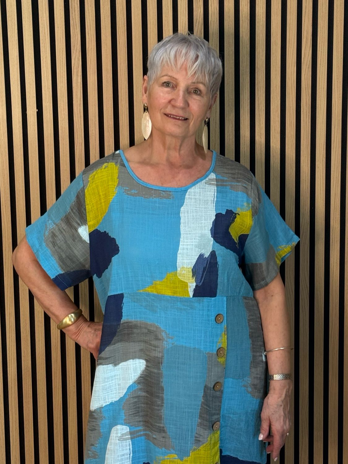 Abstract Print Cotton Dress - Aqua