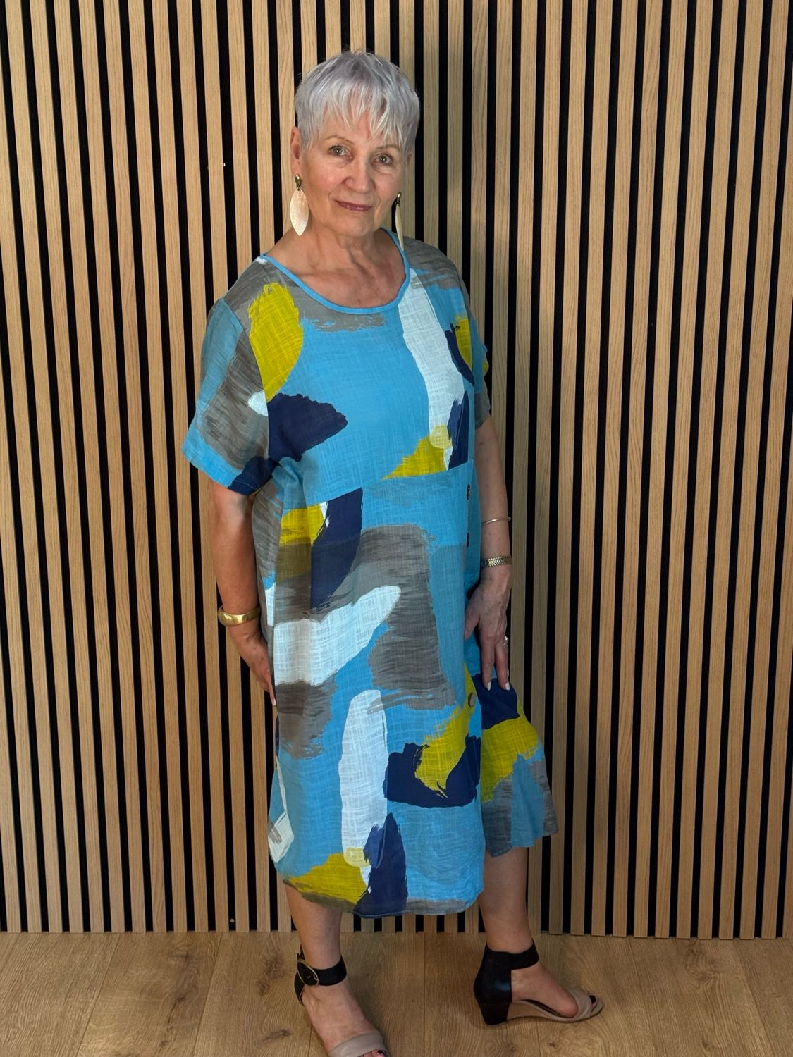 Abstract Print Cotton Dress - Aqua