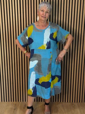 Abstract Print Cotton Dress - Aqua