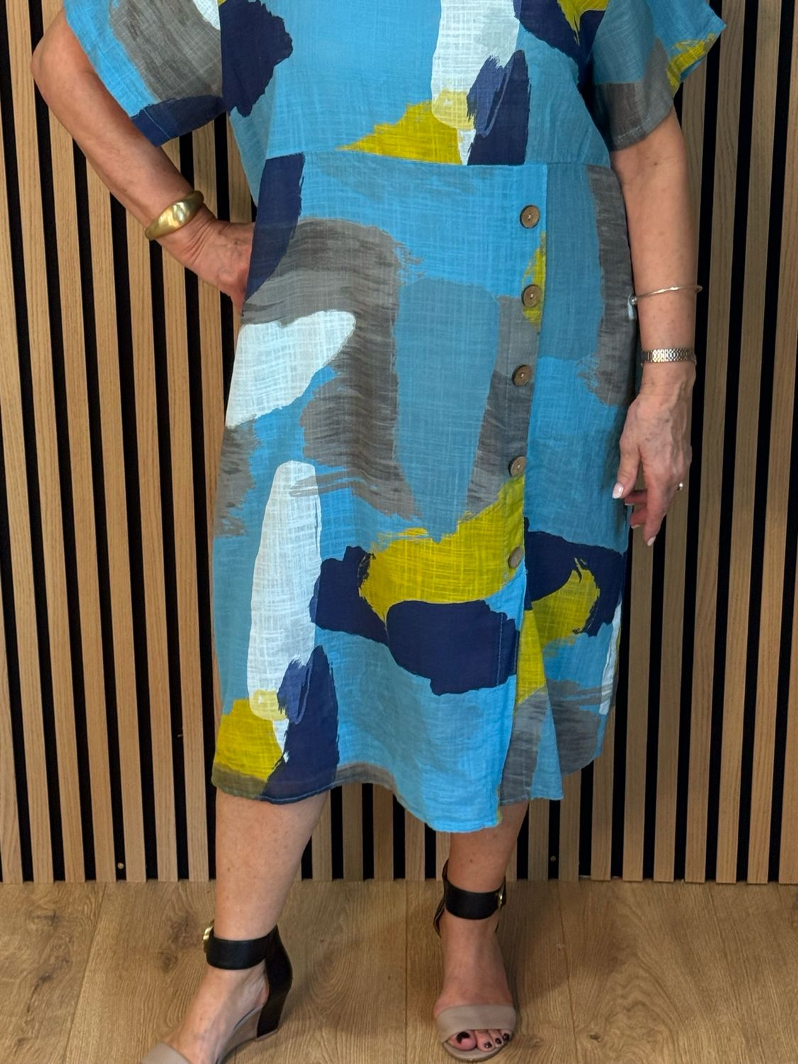 Abstract Print Cotton Dress - Aqua