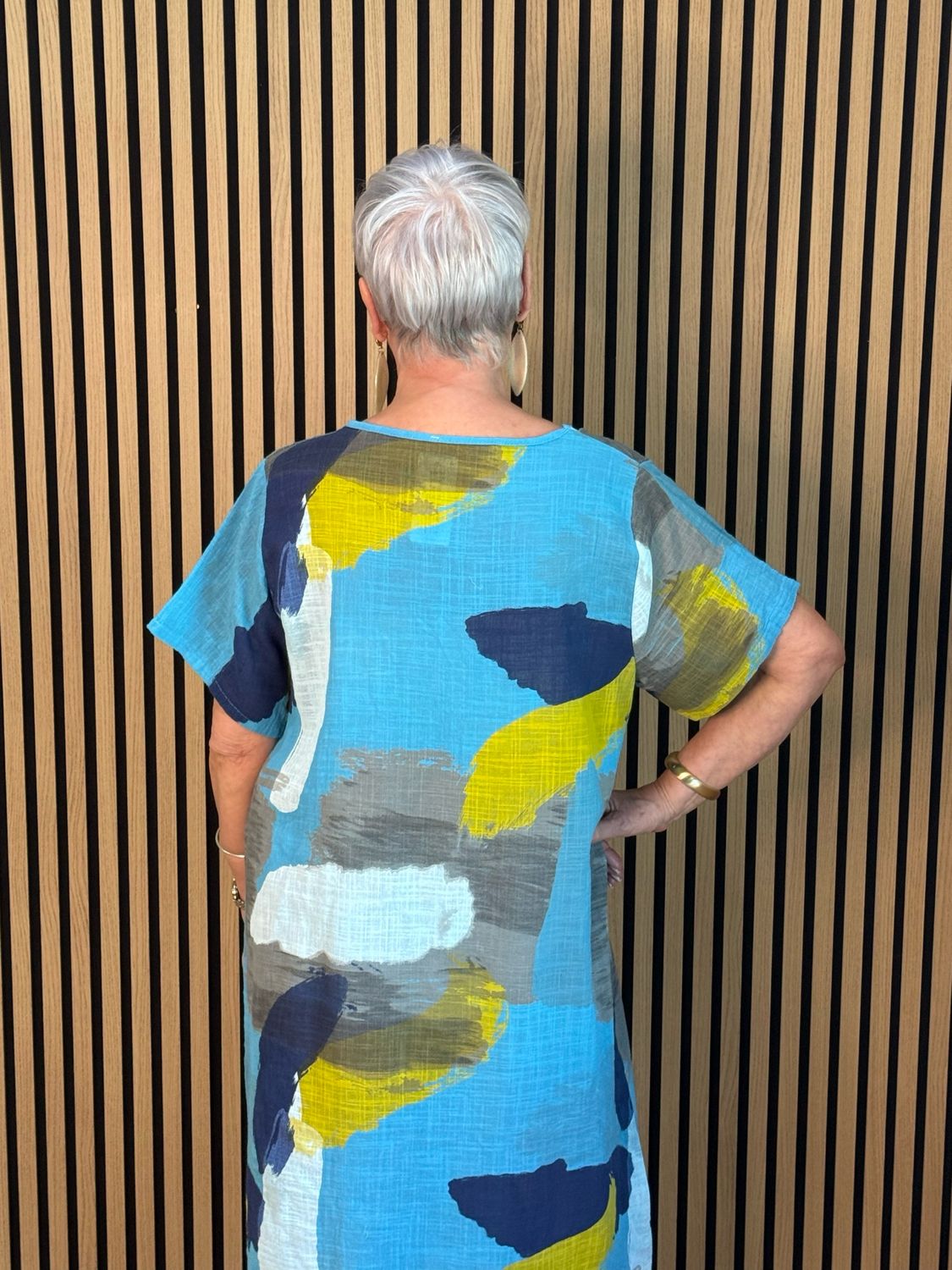 Abstract Print Cotton Dress - Aqua