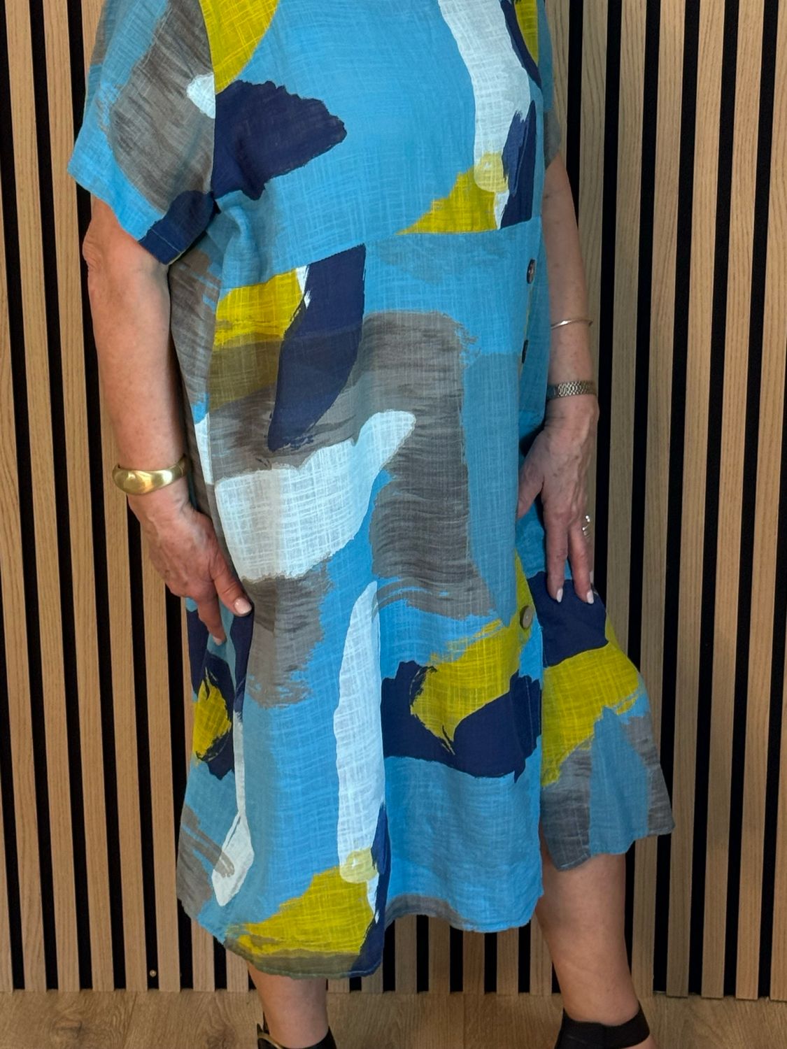 Abstract Print Cotton Dress - Aqua